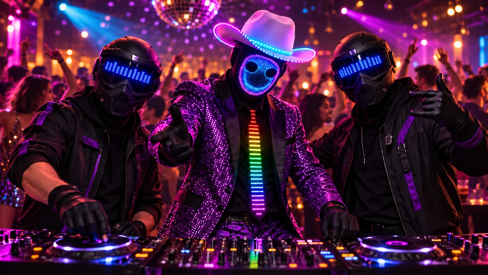 Technomante y su banda con máscaras LED en una imagen promocional