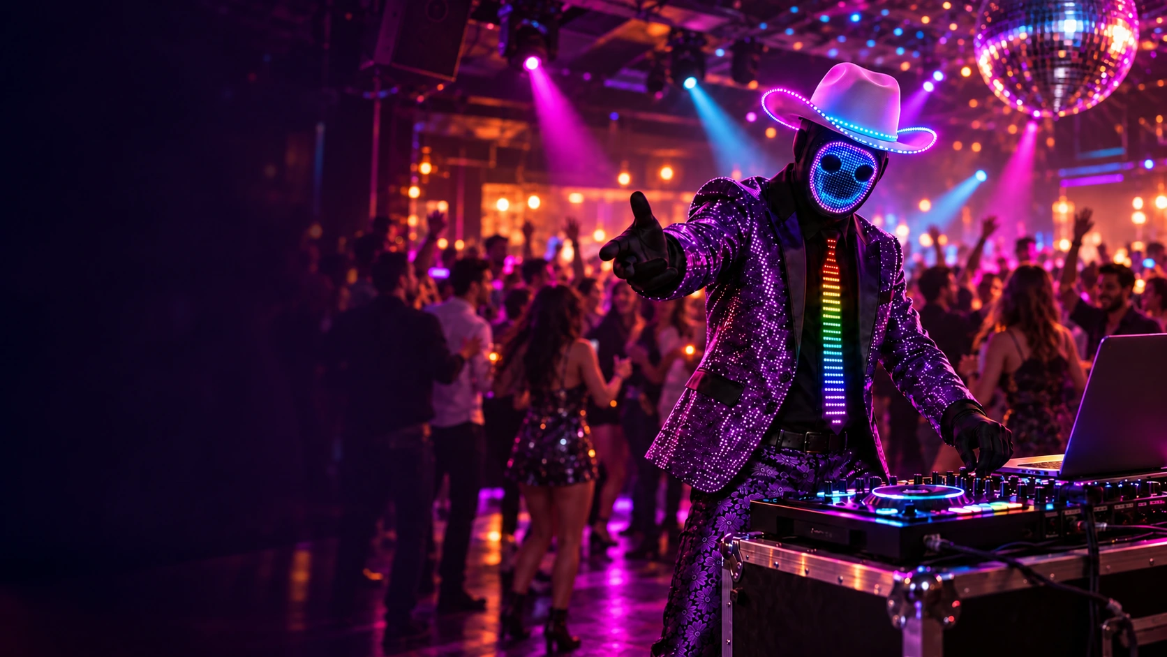 Technomante, artista de techno y rock industrial de Tijuana, en un escenario con máscara LED