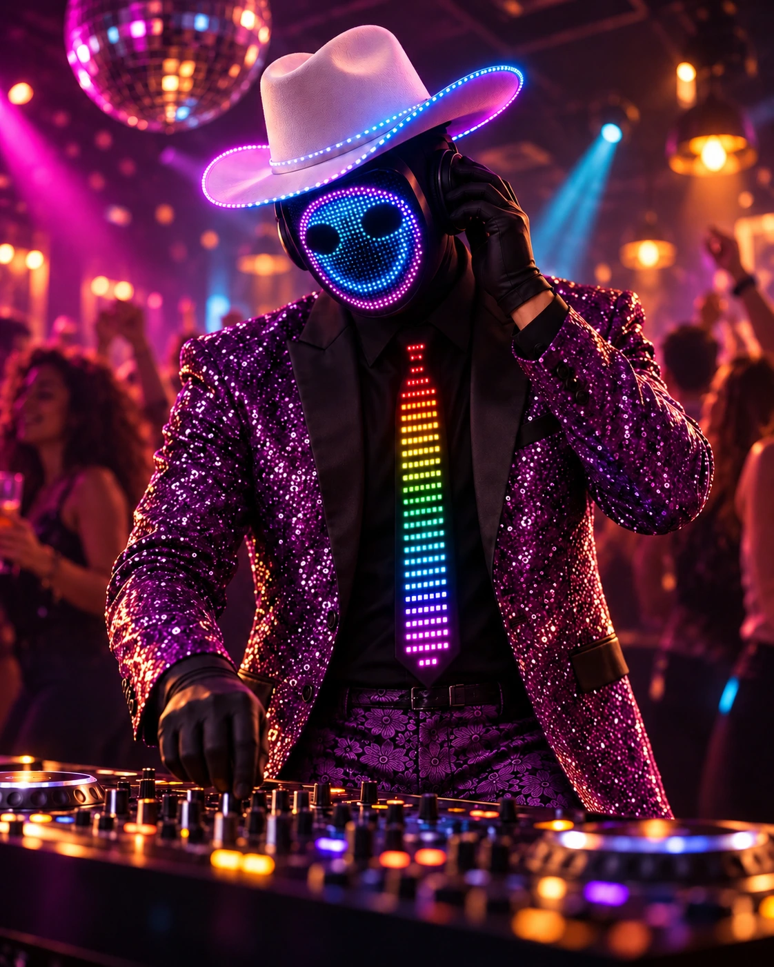 Technomante con máscara LED, sombrero blanco y traje violeta en Tijuana